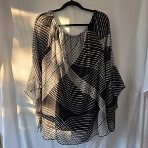 Roz & Ali Womens 2X Blouse Black White Sheer Overlay Flare Sleeve Elastic Neck
